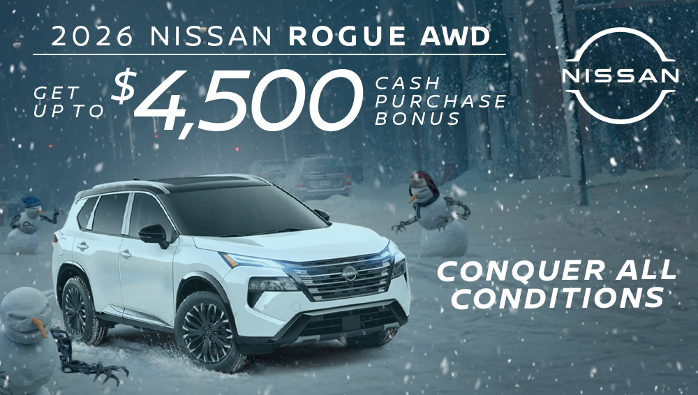 February promotion graphic for the new Nissan Rogue at Bourgeois Midland Nissan